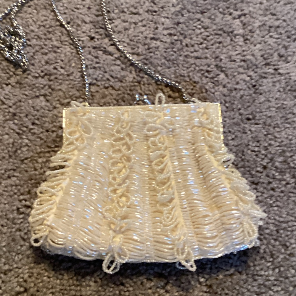 Nina Ivory Beaded Evening Clutch with Chain Strap